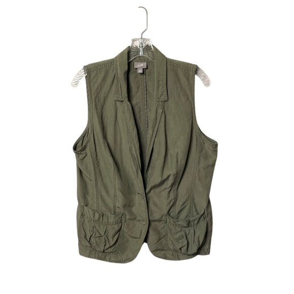 J. Jill Vest Olive Green Silk Linen Blend Women's L Petite Button Front Utility - Picture 1 of 8